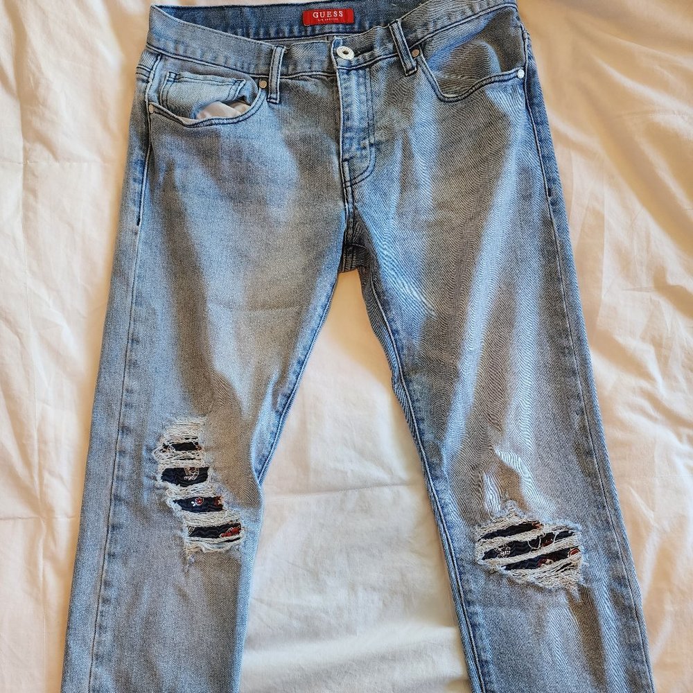 Guess Light Blue Distressed Paisley Patched Denim Jeans 32/32
